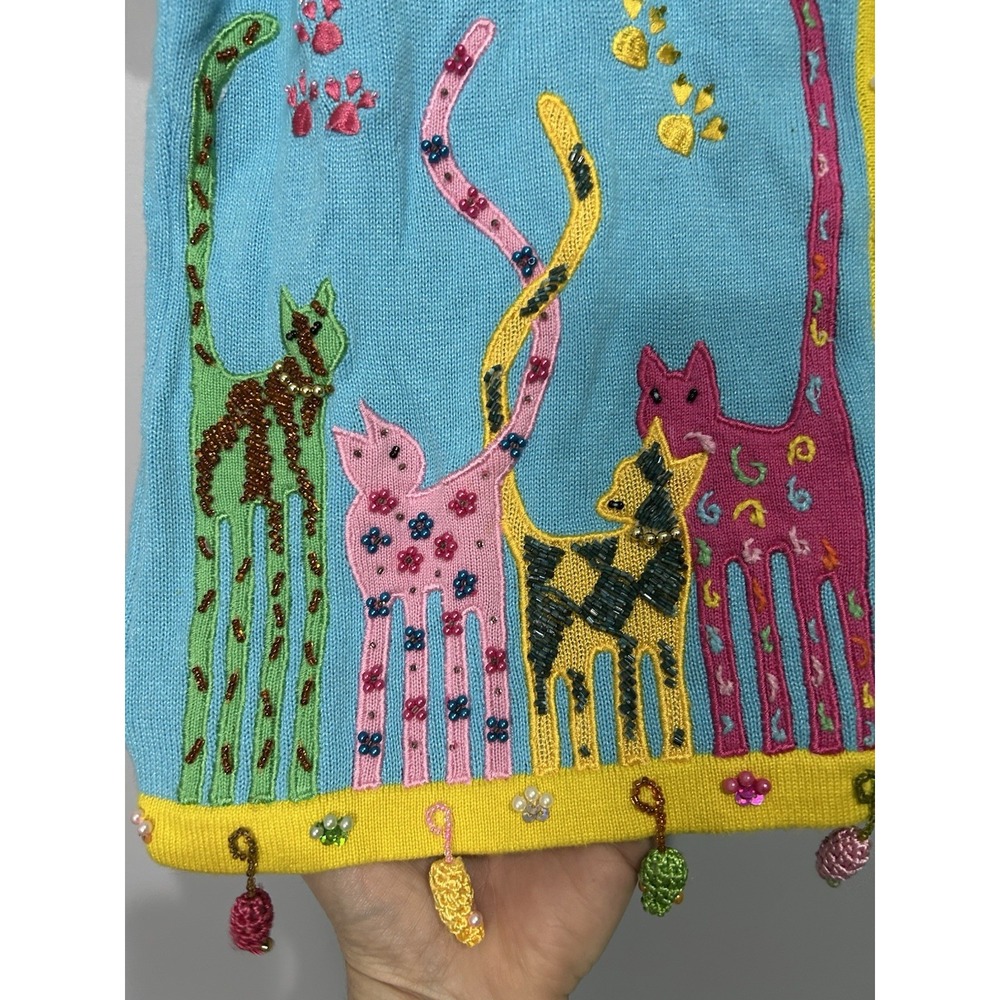 Vtg Berek Short Sleeve Knit Cat Novelty Cardigan Sweater Sz S Dangle Mice Beaded - Picture 4 of 12